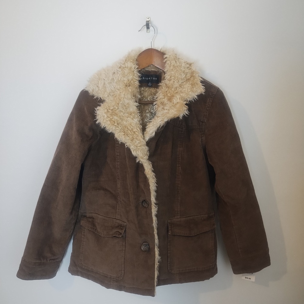 Braetan Corduroy Jacket Women's Medium Brown‎ Faux Fur Trim Boho Y2K Vintage